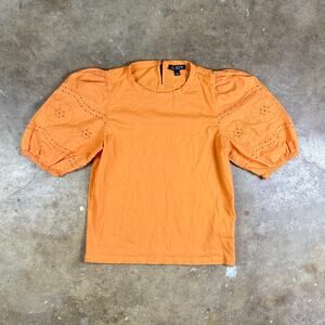 J.Crew Women’s Broken-in Jersey Puff Sleeve Eyelet Top Size Small Tangerine‎